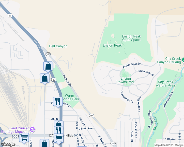 map of restaurants, bars, coffee shops, grocery stores, and more near 941 North Sandhurst Drive in Salt Lake City