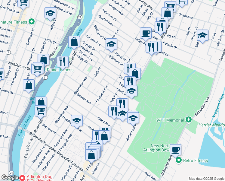 map of restaurants, bars, coffee shops, grocery stores, and more near 55 Arlington Boulevard in North Arlington