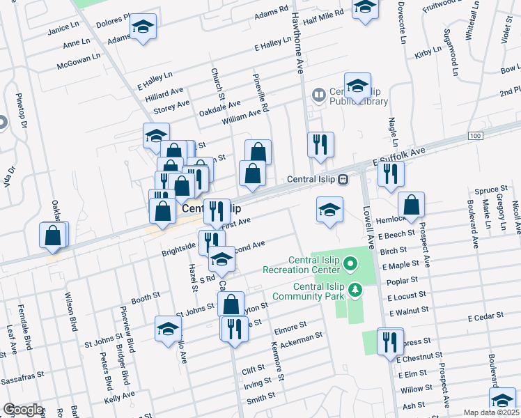 map of restaurants, bars, coffee shops, grocery stores, and more near 1ST Boulevard Avenue in Central Islip