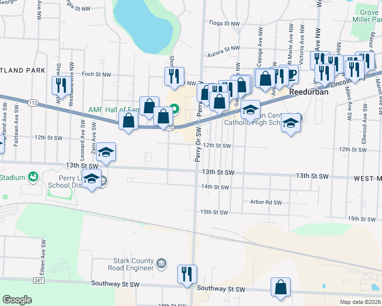 map of restaurants, bars, coffee shops, grocery stores, and more near 1221 Perry Drive Southwest in Canton