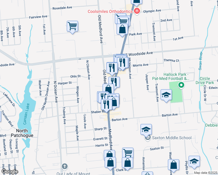 map of restaurants, bars, coffee shops, grocery stores, and more near 645 Old Medford Avenue in Patchogue