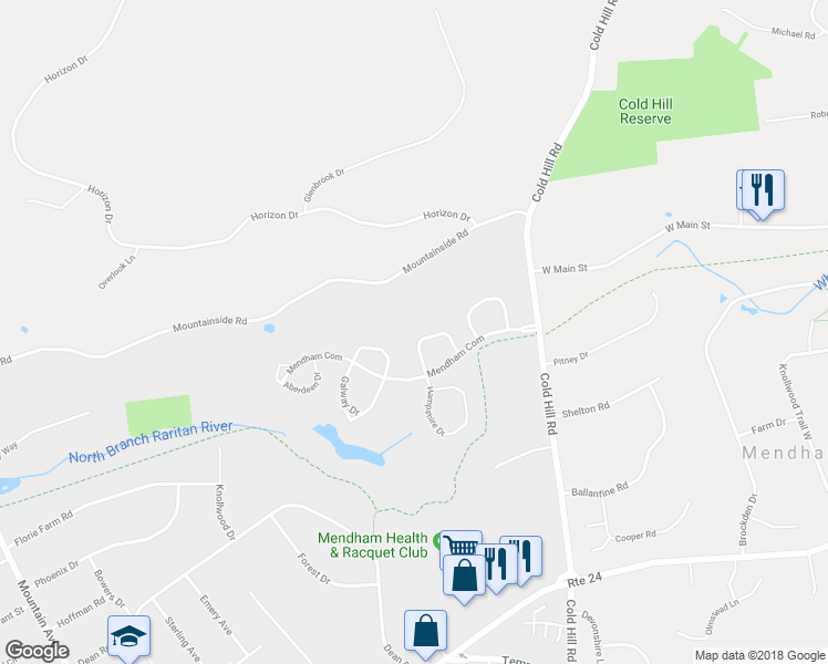 map of restaurants, bars, coffee shops, grocery stores, and more near 24 Pembroke Drive in Mendham