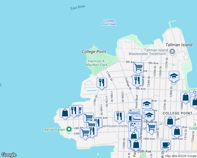 map of restaurants, bars, coffee shops, grocery stores, and more near 5-28 115th Street in Queens