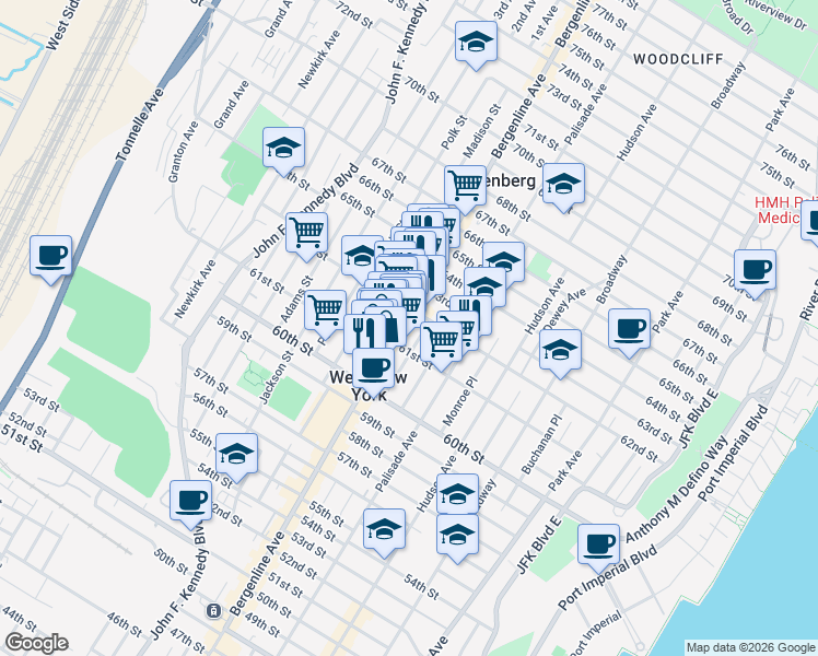 map of restaurants, bars, coffee shops, grocery stores, and more near in West New York