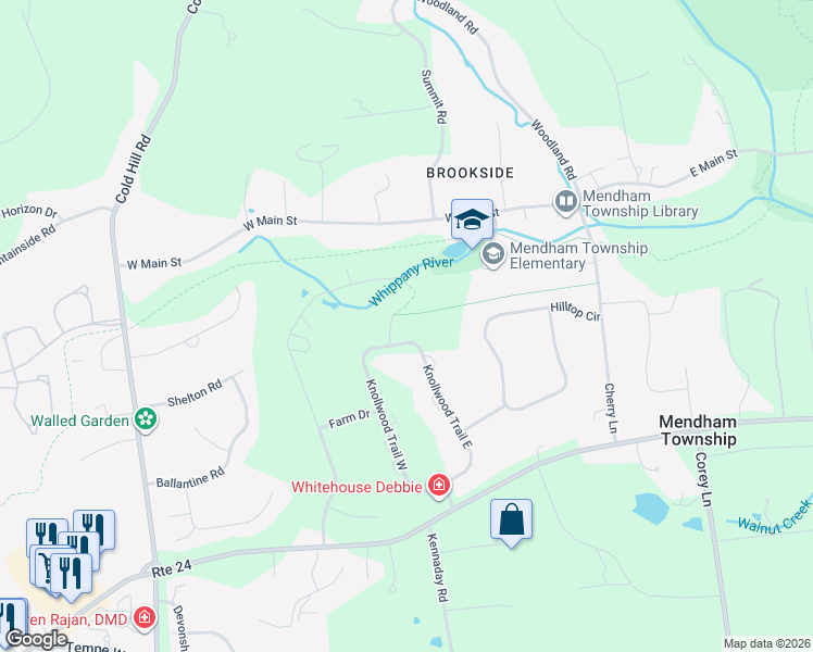 map of restaurants, bars, coffee shops, grocery stores, and more near 17 Knollwood Trail in Mendham