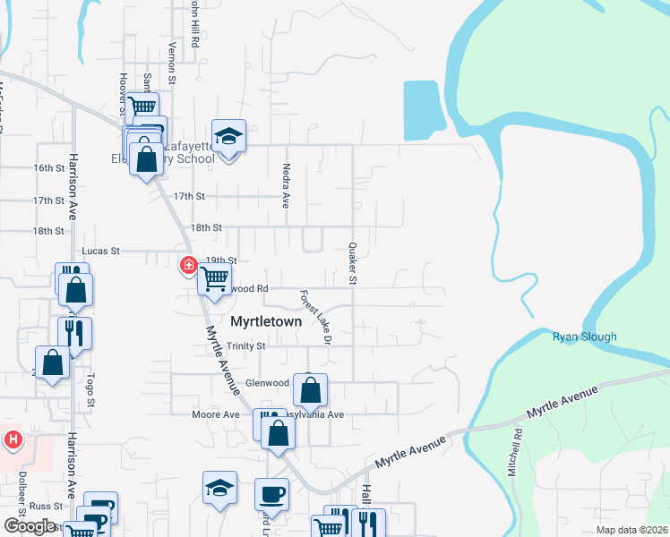 map of restaurants, bars, coffee shops, grocery stores, and more near 1906 Quaker St in Eureka