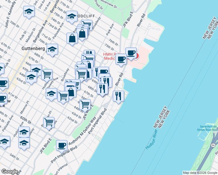 map of restaurants, bars, coffee shops, grocery stores, and more near 7002 Boulevard East in West New York