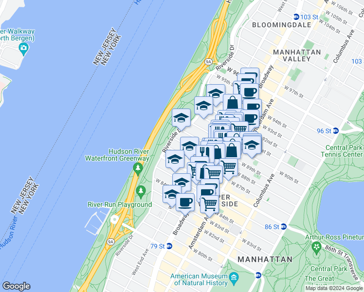 map of restaurants, bars, coffee shops, grocery stores, and more near 341 West 88th Street in New York