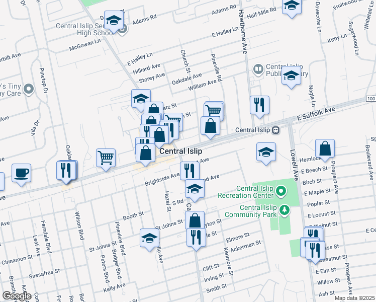 map of restaurants, bars, coffee shops, grocery stores, and more near in Central Islip