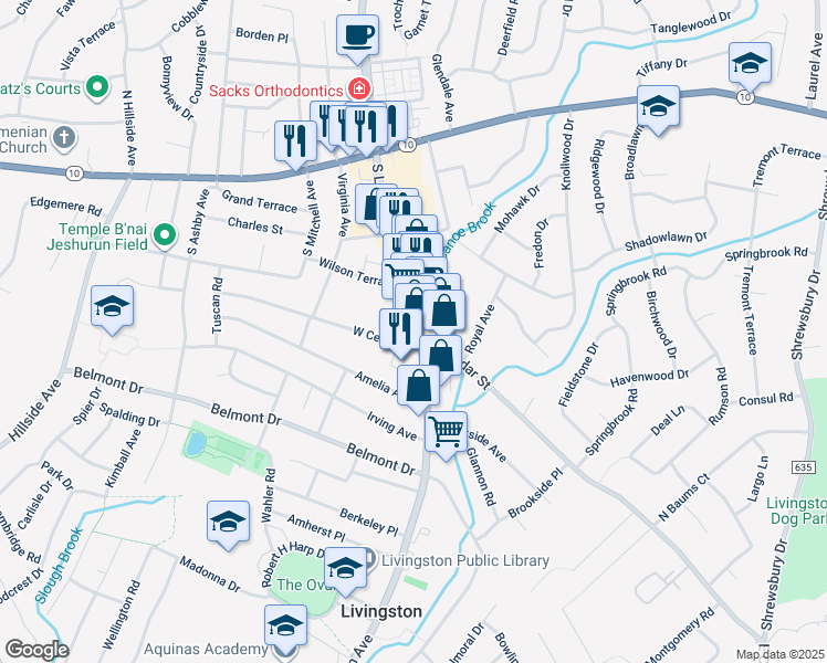 map of restaurants, bars, coffee shops, grocery stores, and more near 154 South Livingston Avenue in Livingston
