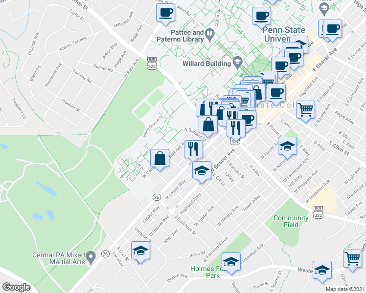 map of restaurants, bars, coffee shops, grocery stores, and more near 139 North Gill Street in State College