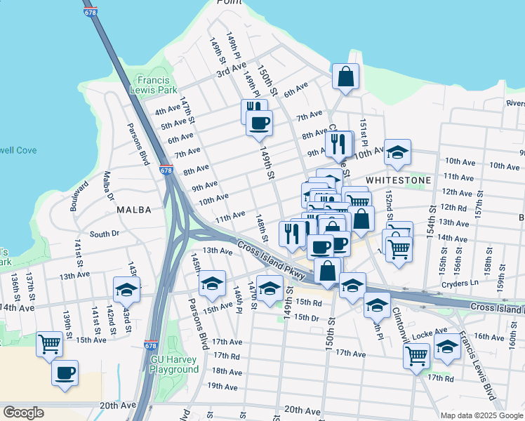 map of restaurants, bars, coffee shops, grocery stores, and more near 148-07 11th Avenue in Queens