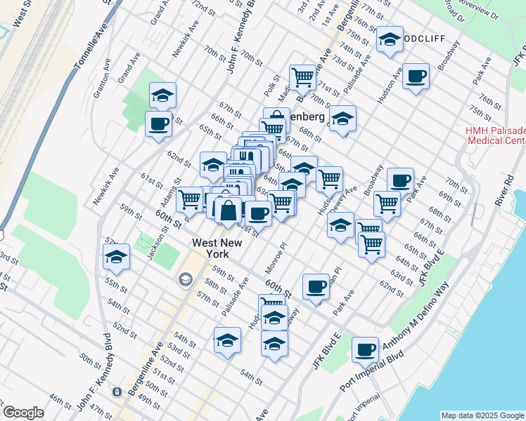map of restaurants, bars, coffee shops, grocery stores, and more near 62nd Street in West New York