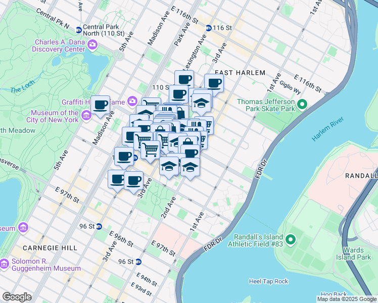 map of restaurants, bars, coffee shops, grocery stores, and more near 238 East 106th Street in New York