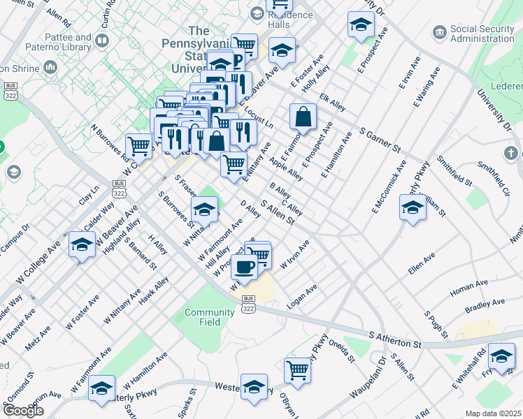 map of restaurants, bars, coffee shops, grocery stores, and more near 510 South Allen Street in State College