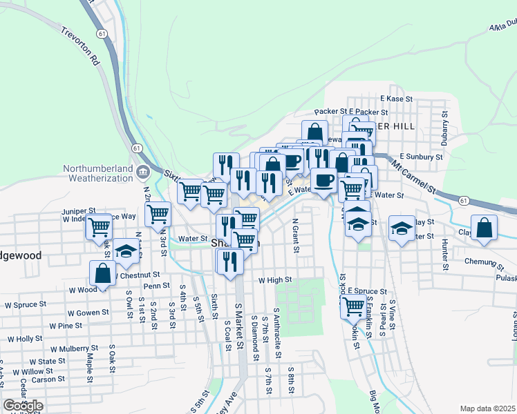 map of restaurants, bars, coffee shops, grocery stores, and more near 4 West Independence Street in Shamokin