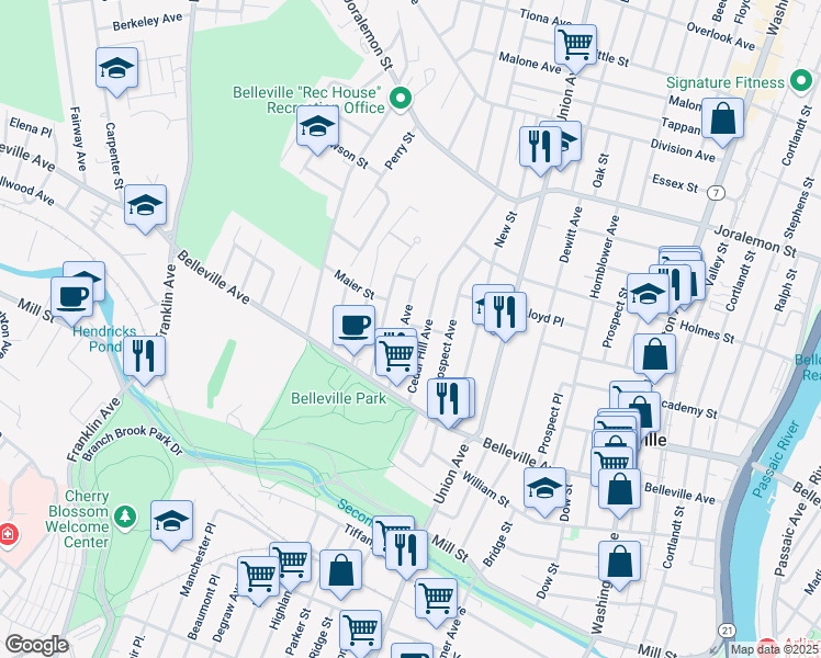 map of restaurants, bars, coffee shops, grocery stores, and more near 66 Columbus Avenue in Belleville