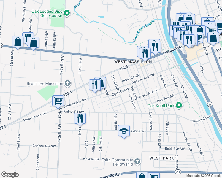 map of restaurants, bars, coffee shops, grocery stores, and more near 1126 Tremont Avenue Southwest in Massillon