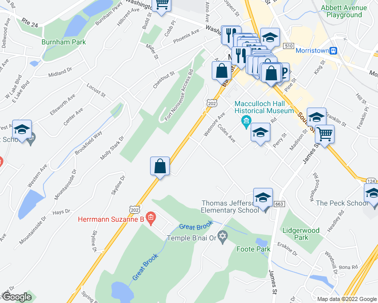 map of restaurants, bars, coffee shops, grocery stores, and more near 61 Wetmore Avenue in Morristown