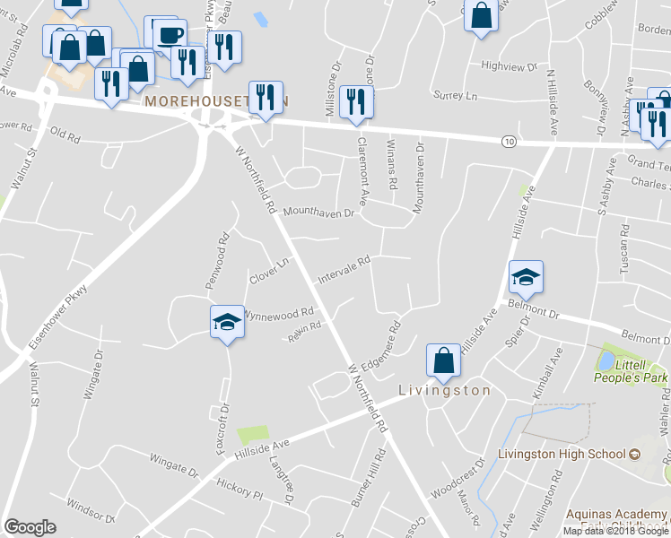 map of restaurants, bars, coffee shops, grocery stores, and more near 15 Intervale Road in Livingston