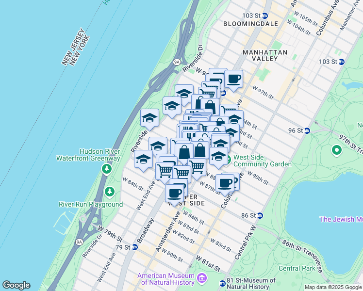 map of restaurants, bars, coffee shops, grocery stores, and more near 267 West 89th Street in New York