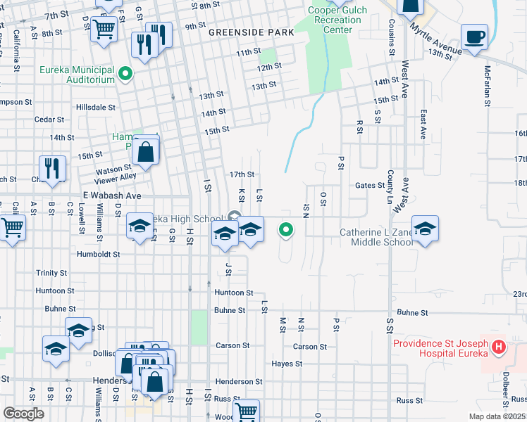 map of restaurants, bars, coffee shops, grocery stores, and more near 1157 Del Norte Street in Eureka