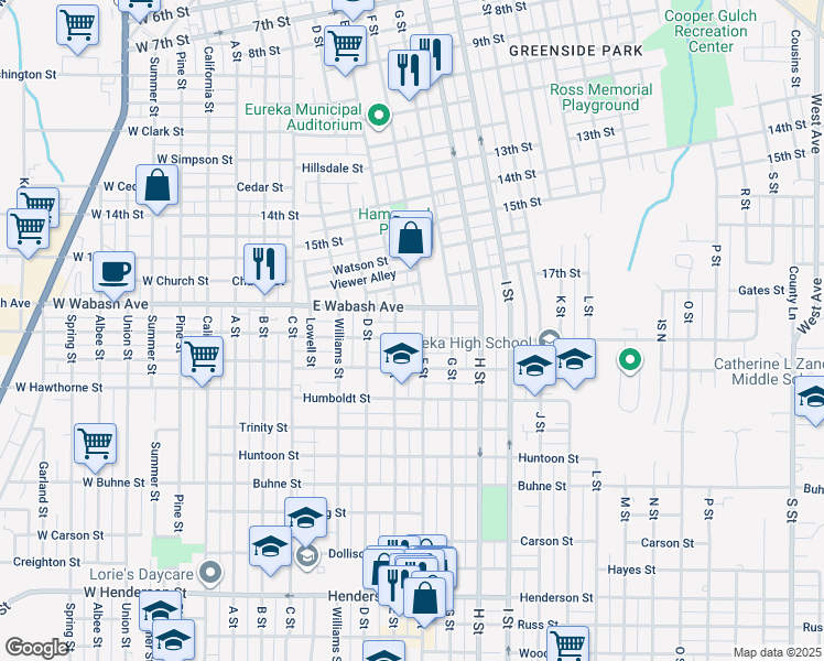 map of restaurants, bars, coffee shops, grocery stores, and more near 1818 F Street in Eureka