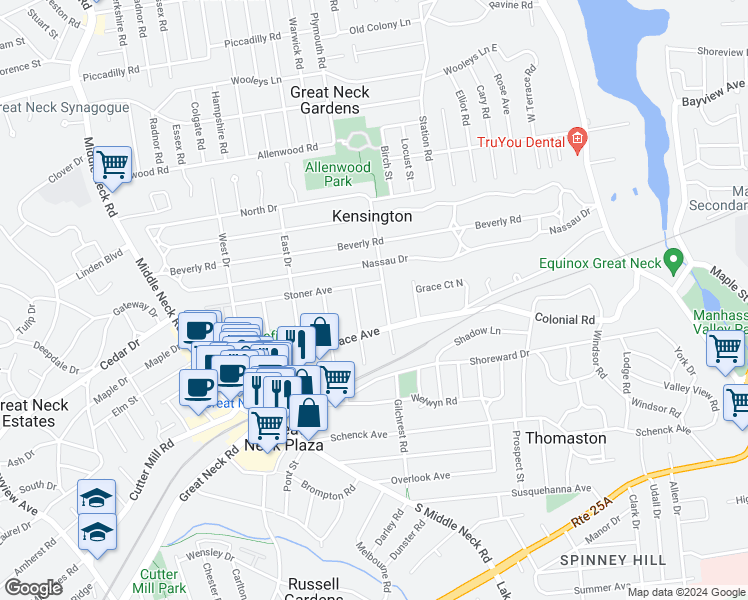 map of restaurants, bars, coffee shops, grocery stores, and more near 60 Stoner Avenue in Great Neck