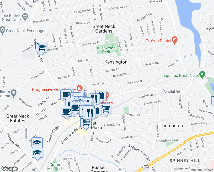 map of restaurants, bars, coffee shops, grocery stores, and more near 41 Stoner Avenue in Great Neck