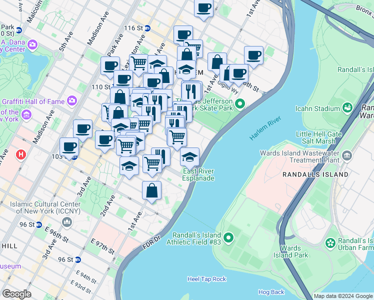 map of restaurants, bars, coffee shops, grocery stores, and more near in New York
