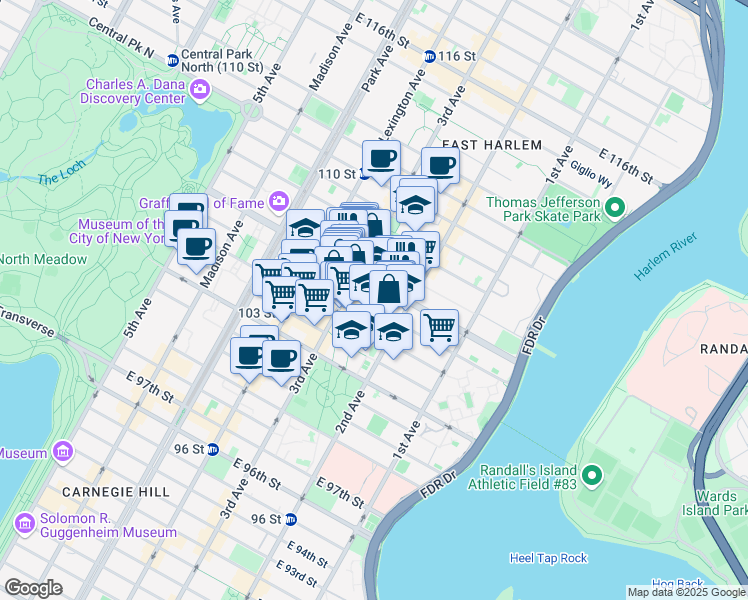 map of restaurants, bars, coffee shops, grocery stores, and more near 218 East 106th Street in New York