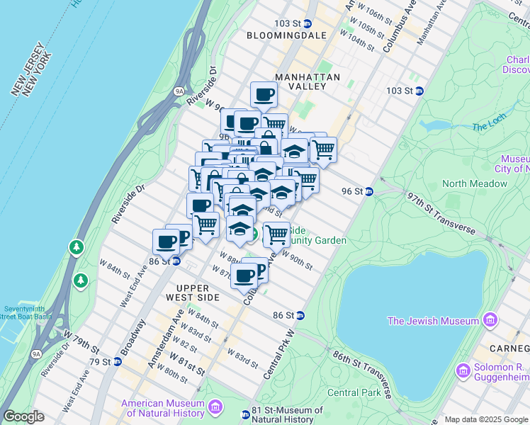 map of restaurants, bars, coffee shops, grocery stores, and more near 140 West 92nd Street in New York