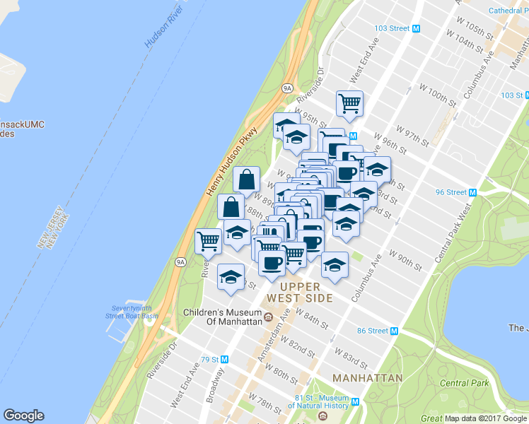 map of restaurants, bars, coffee shops, grocery stores, and more near 304 West 89th Street in New York