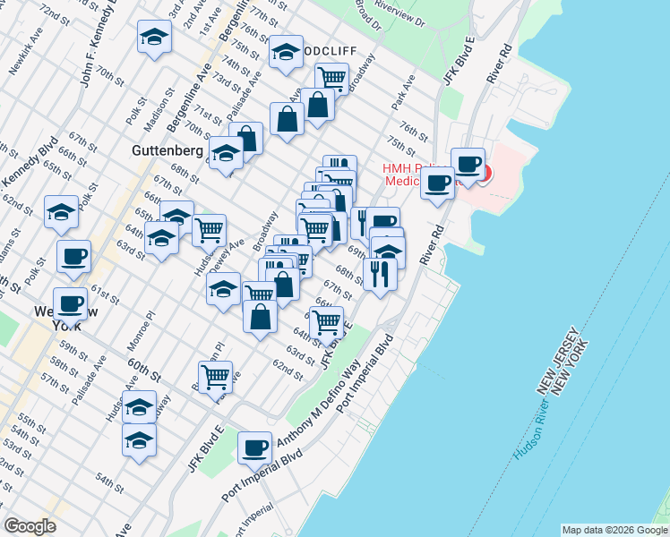 map of restaurants, bars, coffee shops, grocery stores, and more near 85 68th Street in Guttenberg