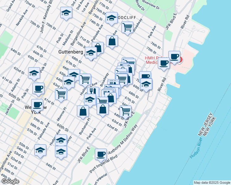 map of restaurants, bars, coffee shops, grocery stores, and more near in West New York