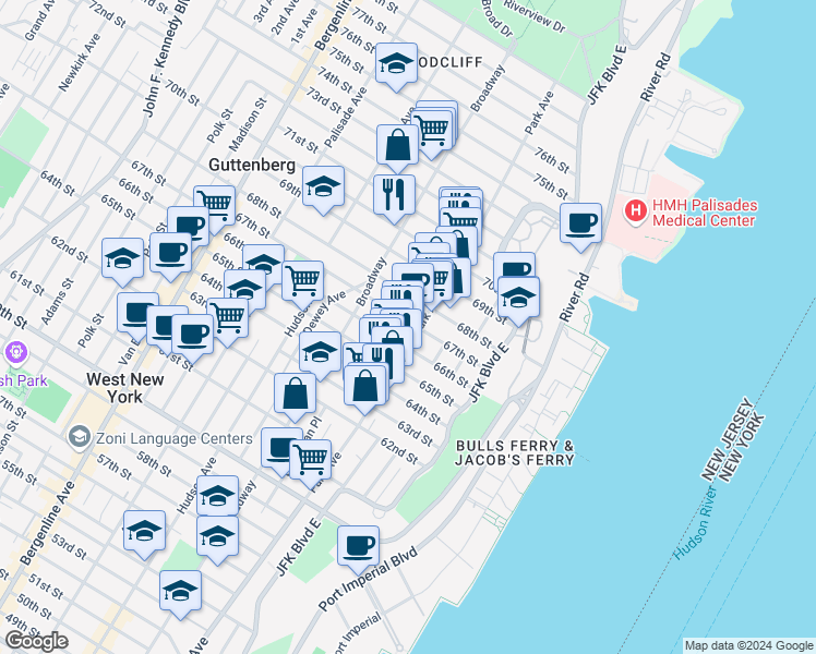 map of restaurants, bars, coffee shops, grocery stores, and more near in West New York