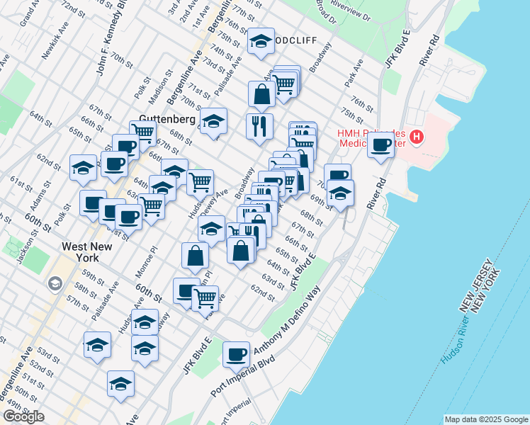 map of restaurants, bars, coffee shops, grocery stores, and more near in West New York