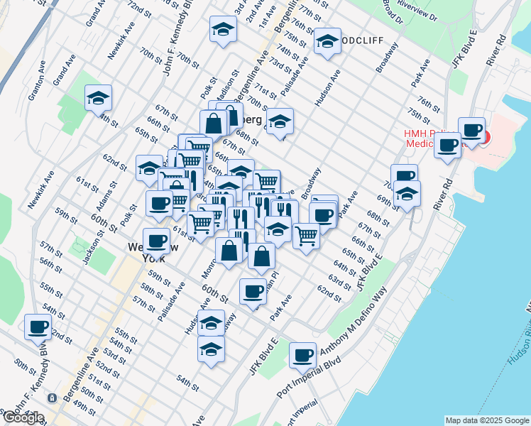 map of restaurants, bars, coffee shops, grocery stores, and more near 308 64th Street in West New York