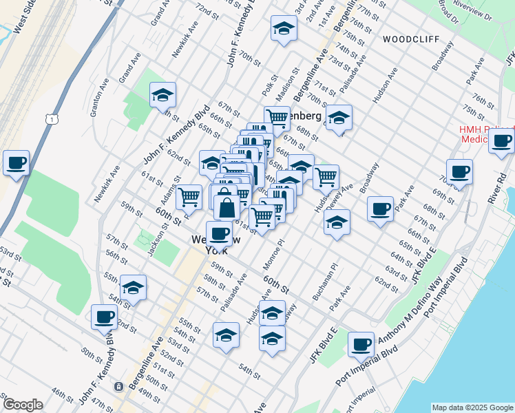 map of restaurants, bars, coffee shops, grocery stores, and more near 430 62nd Street in West New York