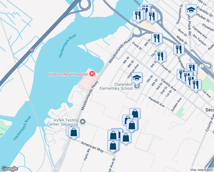 map of restaurants, bars, coffee shops, grocery stores, and more near 48 Meadowlands Parkway in Secaucus