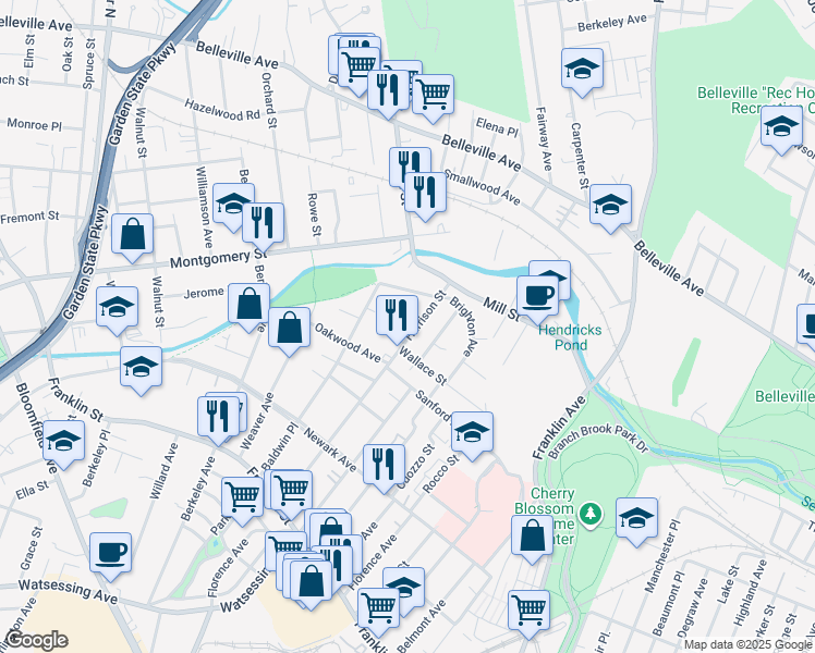 map of restaurants, bars, coffee shops, grocery stores, and more near 73 Harrison Street in Belleville