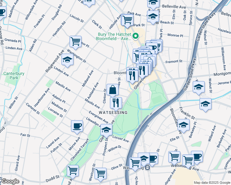 map of restaurants, bars, coffee shops, grocery stores, and more near 55 Linden Avenue in Bloomfield