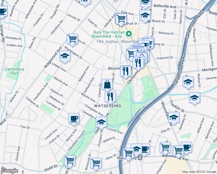 map of restaurants, bars, coffee shops, grocery stores, and more near 55 Linden Avenue in Bloomfield