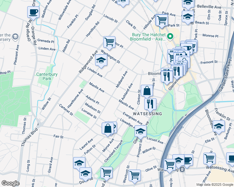 map of restaurants, bars, coffee shops, grocery stores, and more near 138 Midland Avenue in Glen Ridge