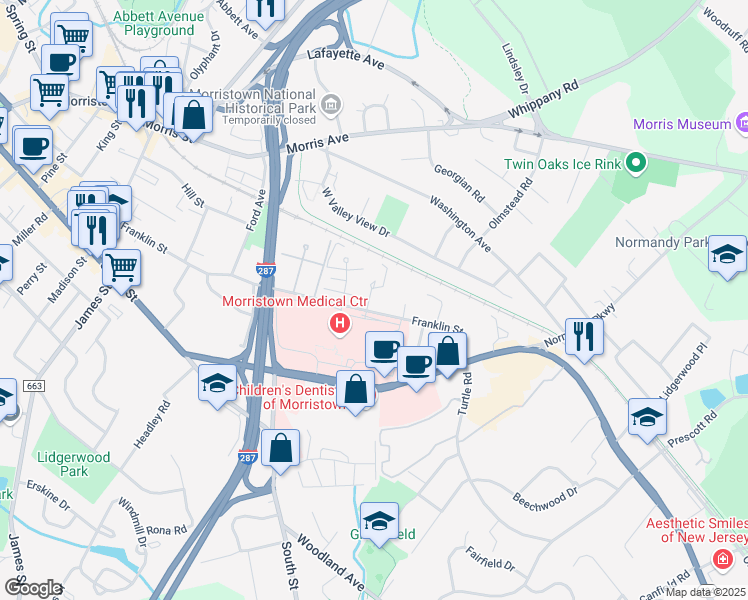 map of restaurants, bars, coffee shops, grocery stores, and more near 17 Dekalb Place in Morristown