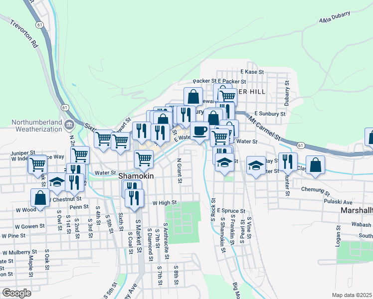 map of restaurants, bars, coffee shops, grocery stores, and more near 178-198 East Lincoln Street in Shamokin