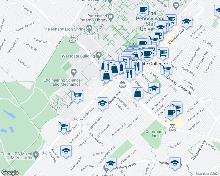 map of restaurants, bars, coffee shops, grocery stores, and more near 441 West College Avenue in State College