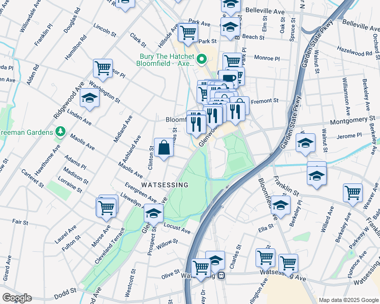 map of restaurants, bars, coffee shops, grocery stores, and more near 250 Glenwood Avenue in Bloomfield
