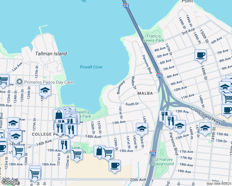 map of restaurants, bars, coffee shops, grocery stores, and more near 33 Boulevard in Queens