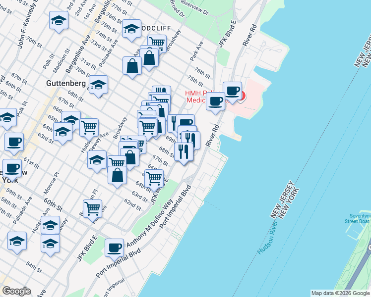 map of restaurants, bars, coffee shops, grocery stores, and more near Boulevard East & 69th Street in West New York